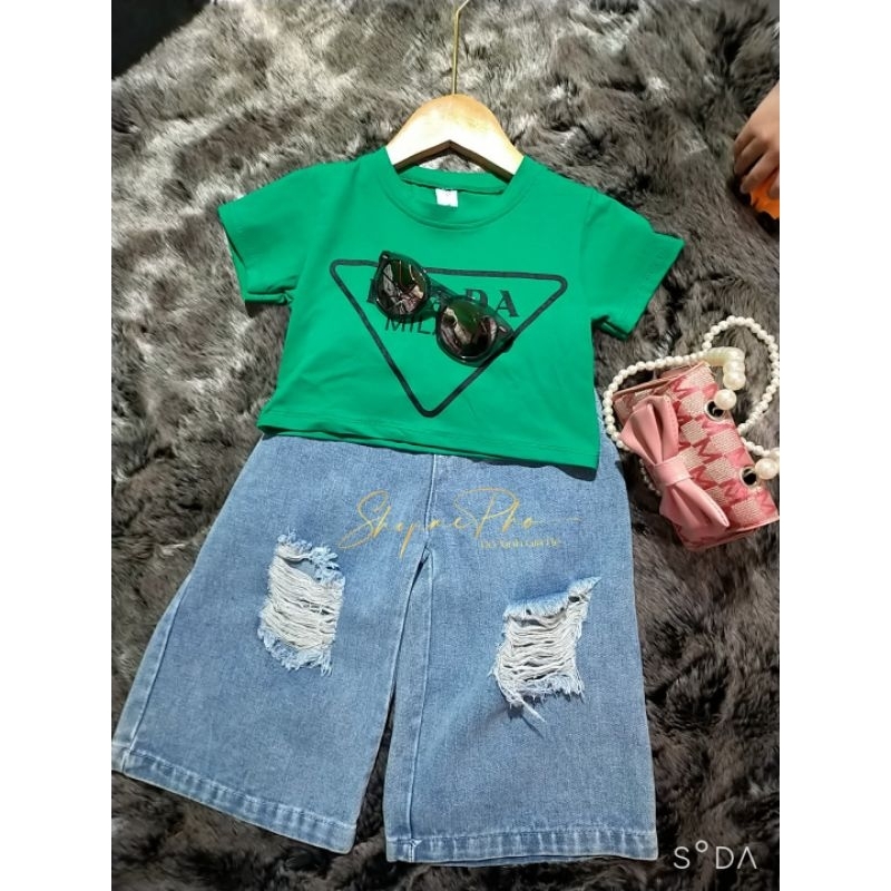 R1-Set jean áo croptop bé gái 10-22kg
