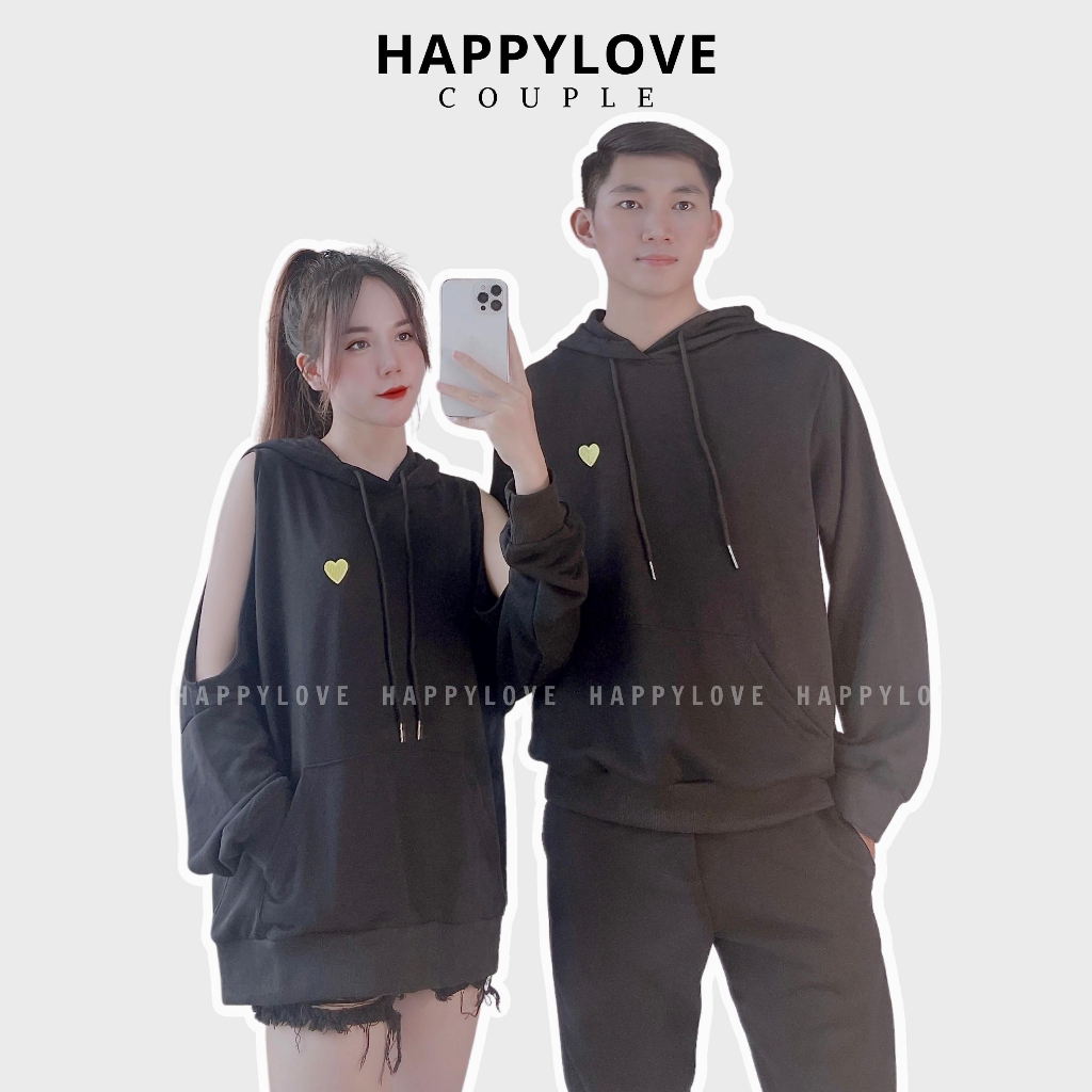 Áo hoodie đôi với người yêu HAPPYLOVE màu đen trễ vai cá tính thêu hình trái tim xinh xắn M035