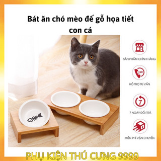 Bát sứ trắng đế gỗ đựng thức ăn cho chó mèo