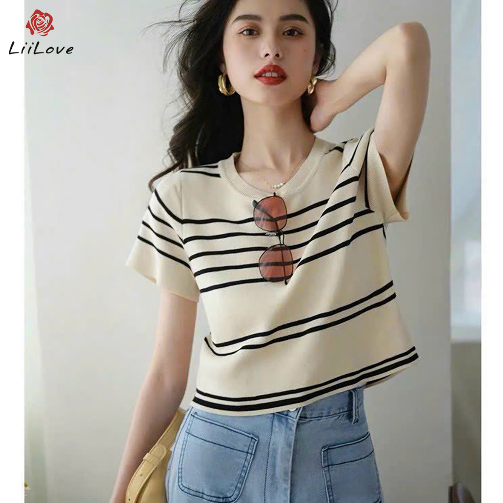 Áo len Mongtoghi cổ tròn kẻ ngang 3 màu chất đẹp LiiLove PG25