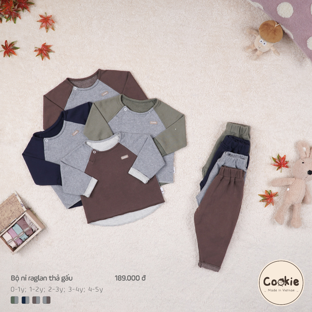 Bộ nỉ raglan COOKIE cho bé quần thả gấu size 1-5y
