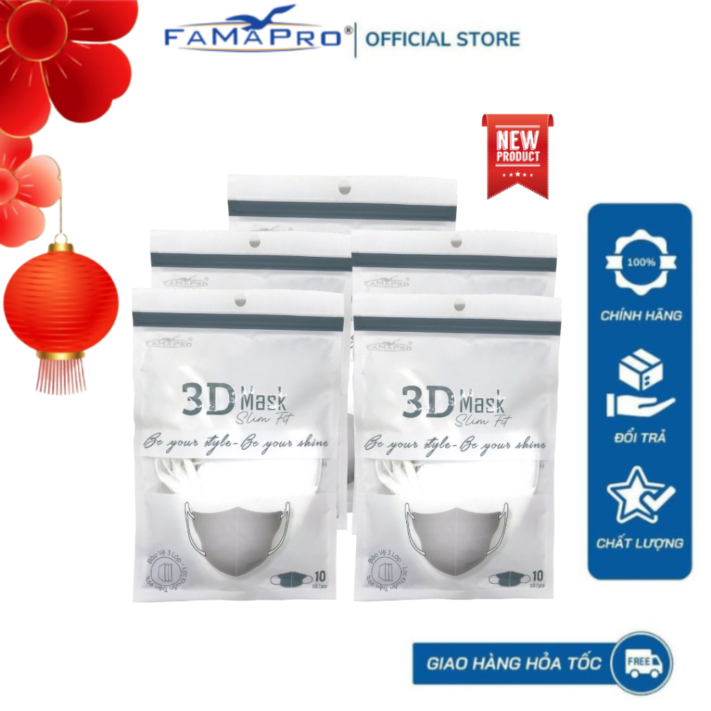 [ Combo 5 túi ] Khẩu trang y tế 3 lớp kháng khuẩn  3d Mask SlimFit Famapro cao cấp bịch 10 cái