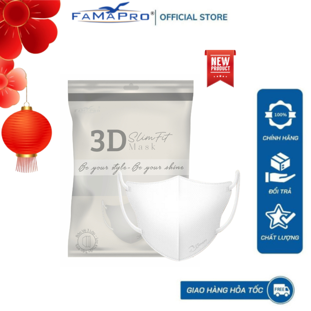 [ Combo 5 túi ] Khẩu trang y tế 3 lớp kháng khuẩn  3d Mask SlimFit Famapro cao cấp bịch 10 cái