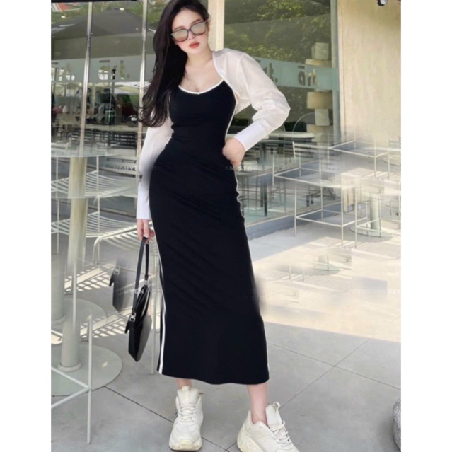 Set đầm hai dây dáng dài ôm body kèm khoác cardigan ôm body cực sexy tôn dáng cho nữ đi chơi dự tiệc snag trọng