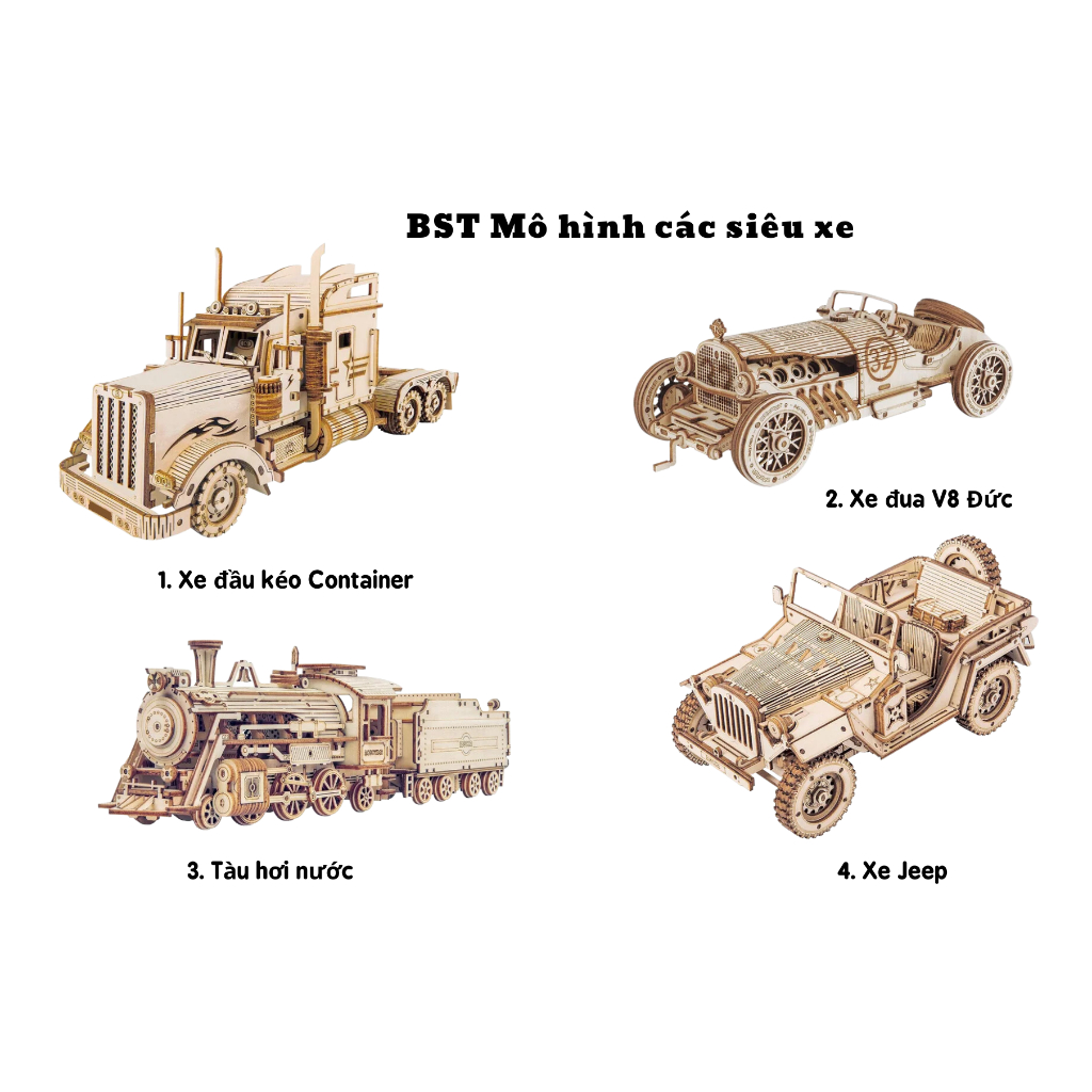 Đồ Chơi Mô Hình Lắp Ráp Gỗ 3D: Đồ chơi lắp ráp gỗ tàu hơi nước, xe Jeep, xe đầu kéo Container, xe đua V8
