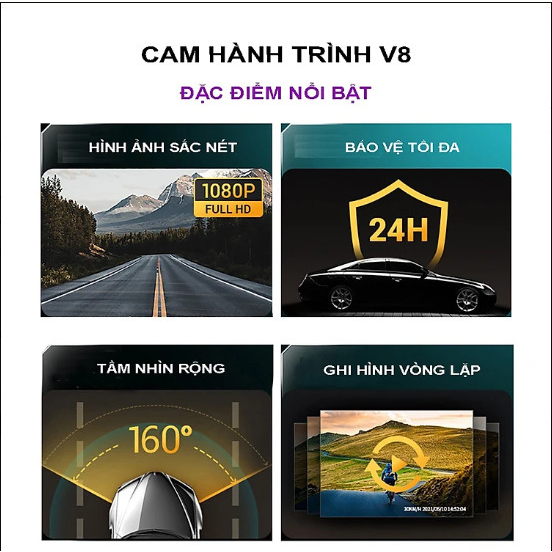 Camera hành trình v8 FullHD 1080p kết nối wifi với điện thoại và màn hình android, thẻ nhớ 64gb, có mic thu âm
