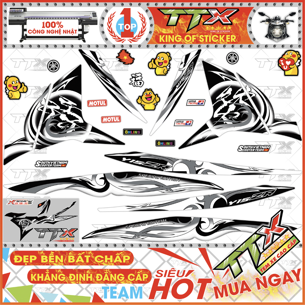Tem Dán Xe Exciter 150 Malay Hoa Văn Lửa Chữ Tàu Đen Trắng Xám In Công Nghệ Nhật Tự Dán Không Cần Thợ - Mã
