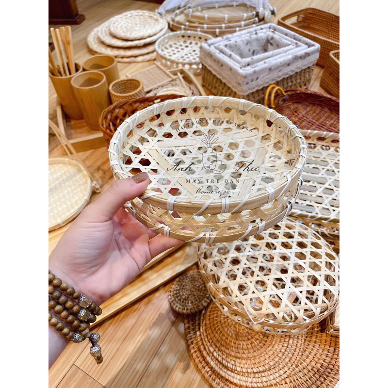 Đế tre tròn, khay tre tròn đan mắt cáo, đĩa tre cao 5p  shop mây tre đan Anh Thư