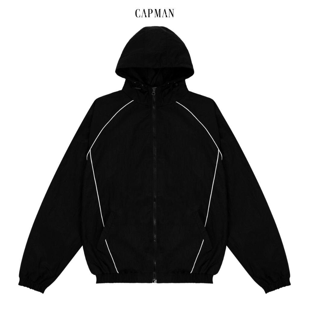 Áo khoác Dù có mũ 1 phom rộng unisex CAPMAN màu đen viền trắng