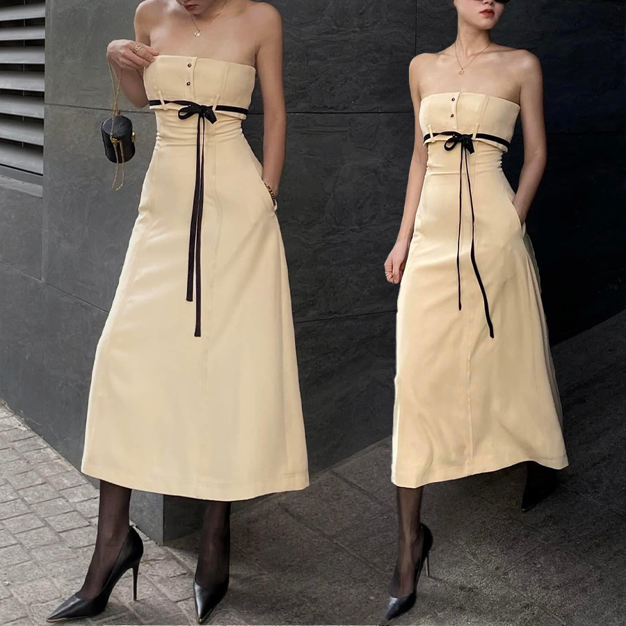 Đầm cúp ngực đi dự tiệc cưới thiết kế dáng midi, thắt nơ sang trọng - KAYLIN
