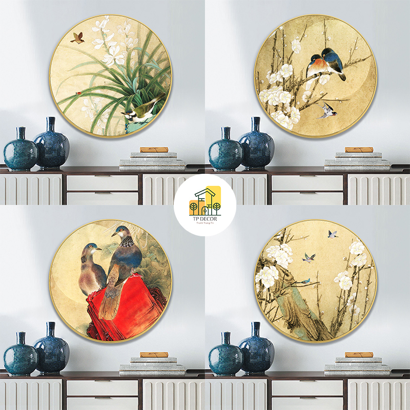 Tranh Tròn Chim và Hoa phòng trà - Tranh treo tường Laminate Tráng Gương TP DECOR