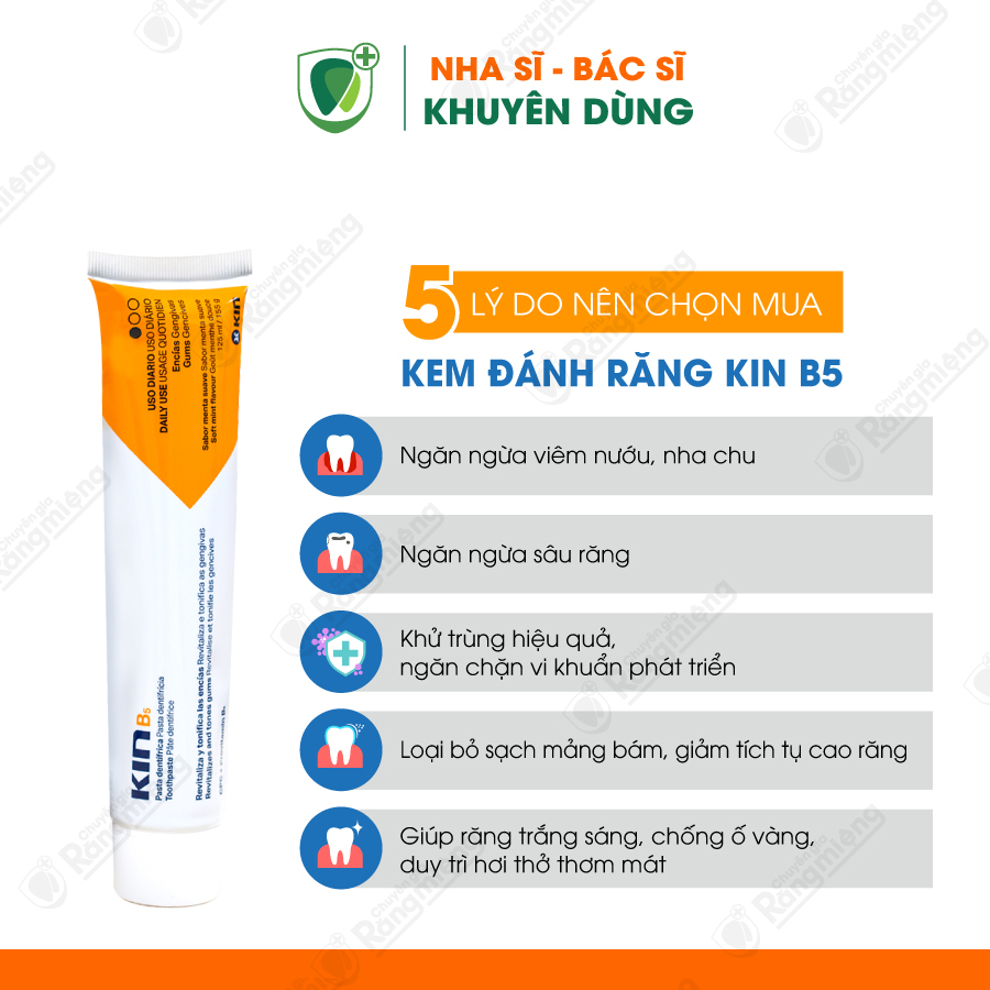 Kem Đánh Răng Kin B5 Phục Hồi Nướu Răng, Sạch Mảng Bám, Ngừa Viêm Nướu, Chống Sâu Răng Dùng Hằng Ngày 125ml