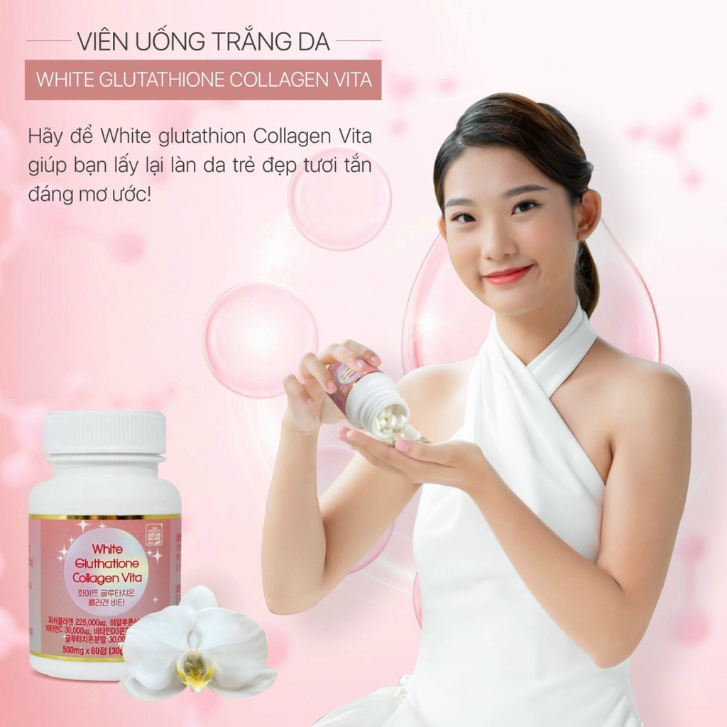 Viên Uống White Glutathione Collagen Vita Trắng hồng da cải thiện lão hóa hộp 60 viên Hàn Quốc