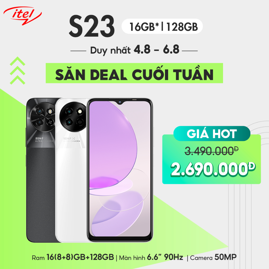 Điện Thoại Itel S23 16GB(8GB+8GB) /128GB | Pin 5000mAh | 6.6 Inch | Camera 50MP | HÀNG CHÍNH HÃNG