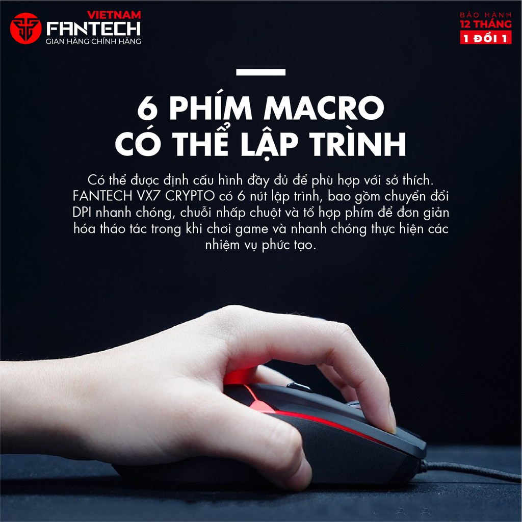 Chuột Gaming Có Dây FANTECH VX7 CRYPTO 8000DPI LED 4 Màu 6 Phím Macro Phần Mềm Tùy Chỉnh Riêng - Hàng Chính Hãng