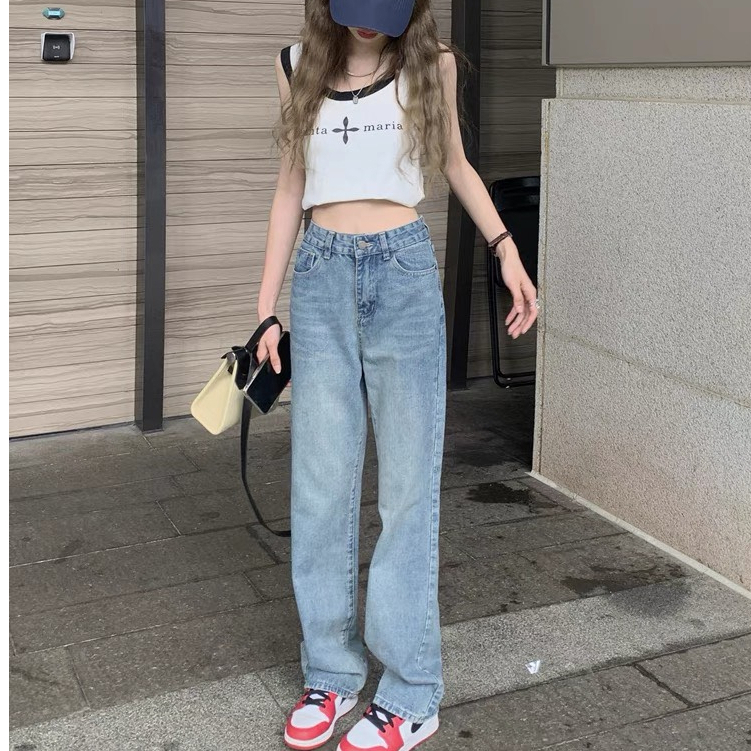 Quần Jean Ống Suông Cạp Cao Phối Viền Túi Sau Kiểu Dáng Basic Mix Phù Hợp Mọi Cô Gái Hotrend