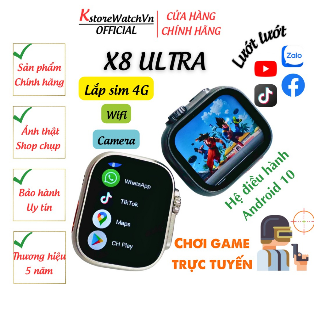 Đồng Hồ Thông Minh X8 Ultra Bản Nâng Cấp Của S8 Ultra Lắp Sim 4G Nghe Gọi Lướt Zalo FB TikTok Chơi Game KstoreWatchVn