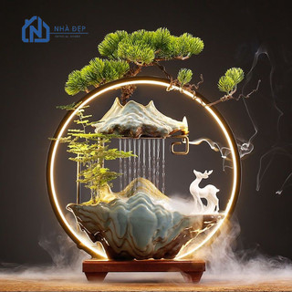 Thác nước phong thuỷ tiểu cảnh để bàn tượng hươu, thác khói trầm decor trang trí nhà cửa, an nhiên