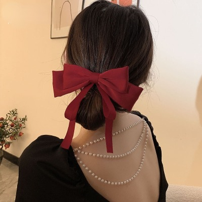 Kẹp tóc nơ tiểu thư thêu việt có dây dài nhiều màu cho nữ