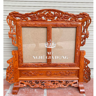 Khung ảnh thờ đôi tứ linh khung hình đôi gấm song long trang trí không gian thờ gỗ hương