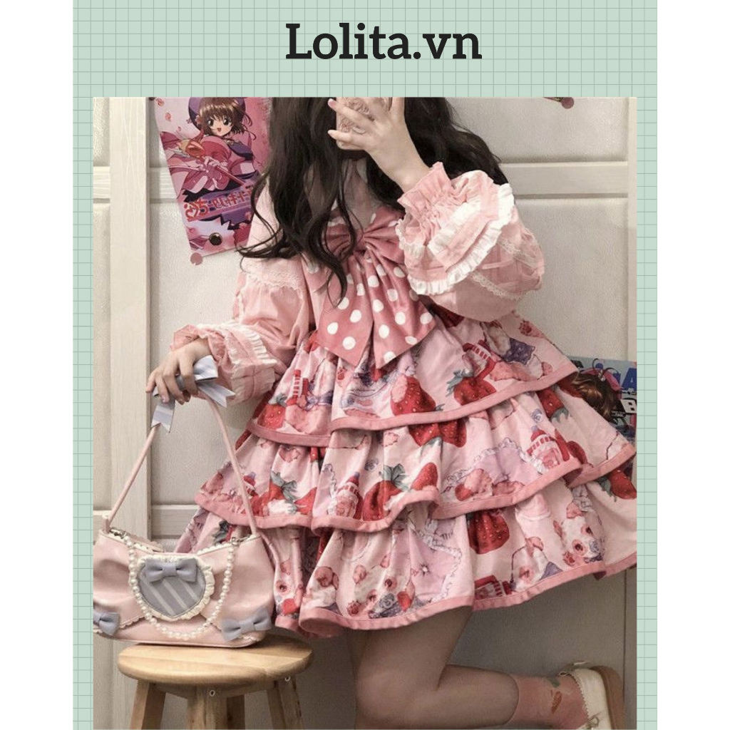 Đầm lolita hai dây đính nơ họa tiết quả dâu dễ thương (Kèm ảnh thật)