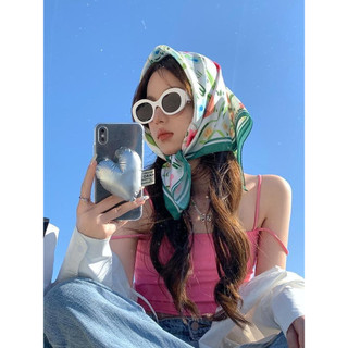 - Khăn lụa vuông họa tiết hoa tulip thời trang 70x70cm phong cách Hàn Quốc- Khăn choàng cổ turban dùng buộc tó