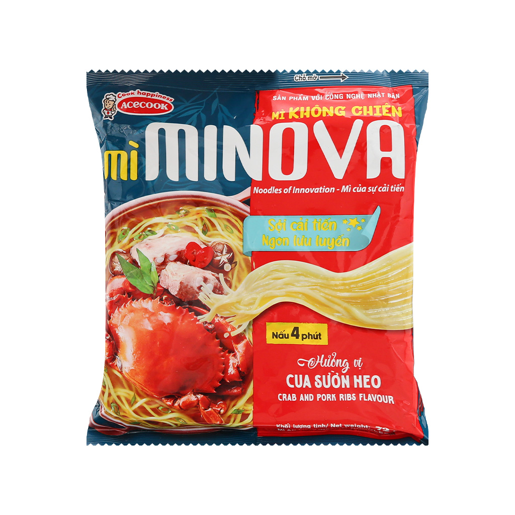 Mì không chiên Minova gồm mì trộn tôm xào lá chanh/mì nước cua sườn heo Acecook gói