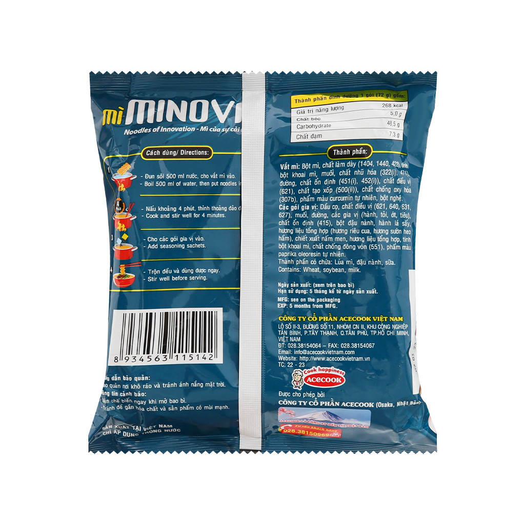 Mì không chiên Minova gồm mì trộn tôm xào lá chanh/mì nước cua sườn heo Acecook gói