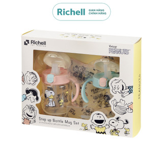 Bộ bình tập uống nâng cấp kèm yếm richell nhật tli bản quyền snoopy chống sặc | baby