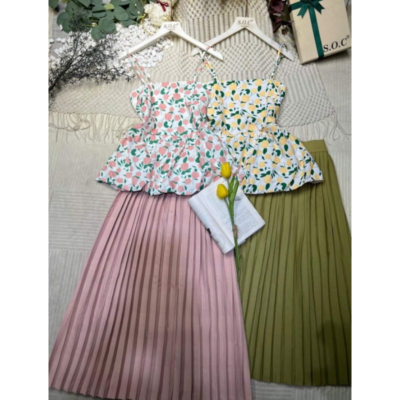 Set áo hai dây xoè + chân váy dài dập li siêu hot hit