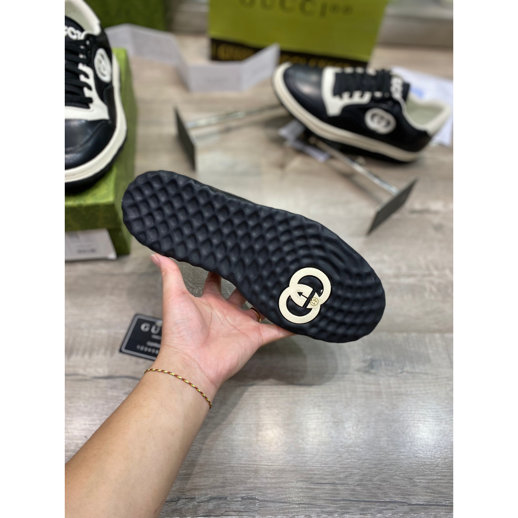 Giày Thể Thao GC MAC80 Trainer In Black White Leather, Giày Gucci Đen Viền Trăng Lai Au Phiên Bản Mới
