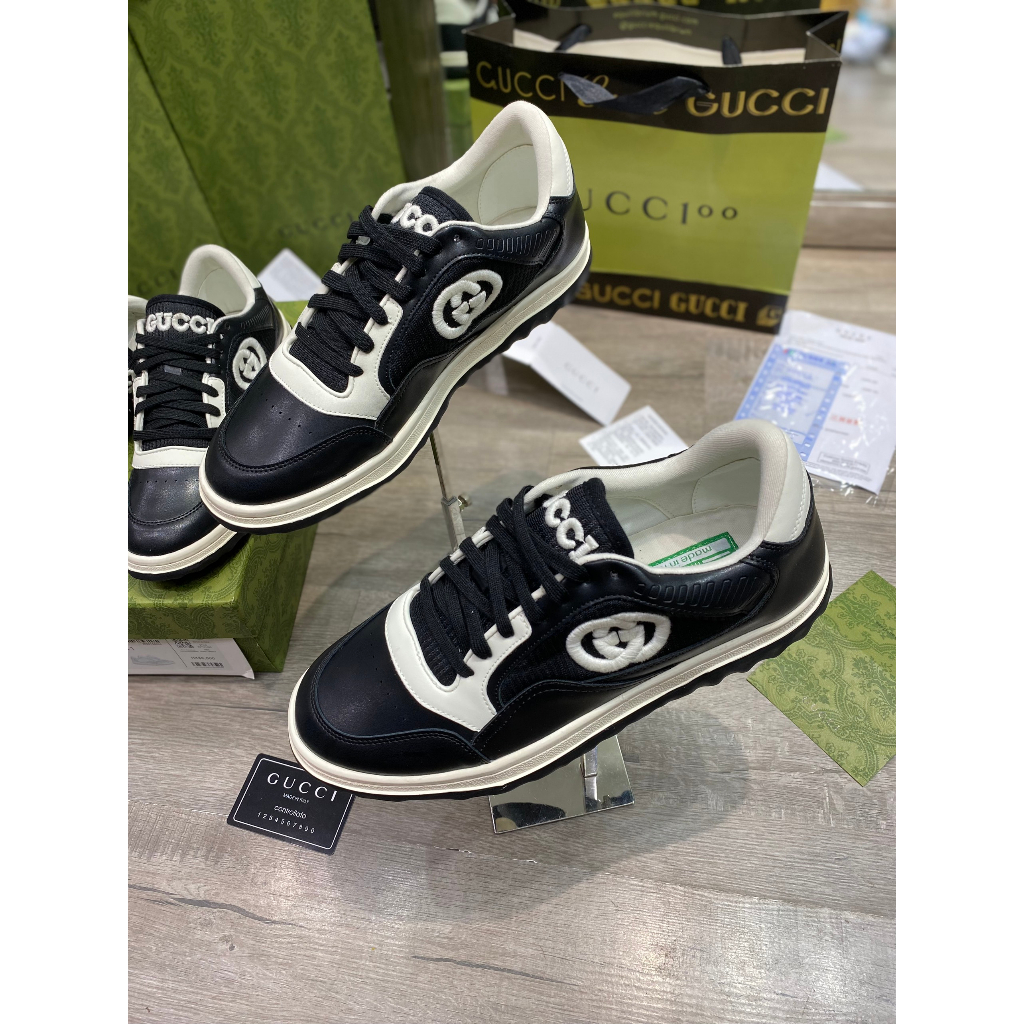 Giày Thể Thao GC MAC80 Trainer In Black White Leather, Giày Gucci Đen Viền Trăng Lai Au Phiên Bản Mới