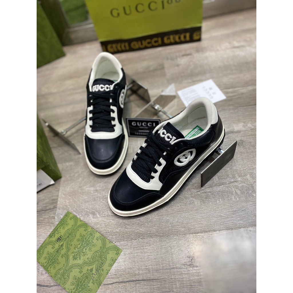 Giày Thể Thao GC MAC80 Trainer In Black White Leather, Giày Gucci Đen Viền Trăng Lai Au Phiên Bản Mới