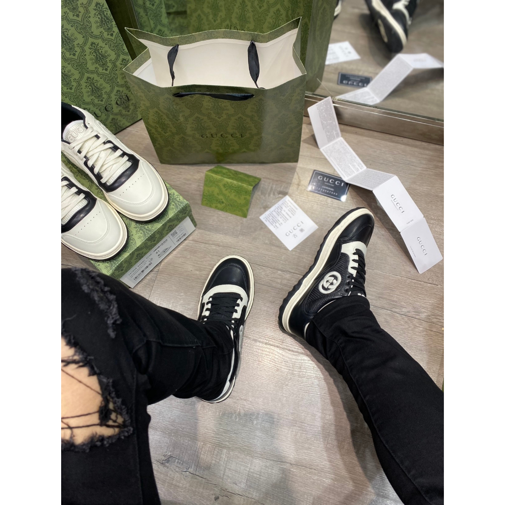 Giày Thể Thao GC MAC80 Trainer In Black White Leather, Giày Gucci Đen Viền Trăng Lai Au Phiên Bản Mới