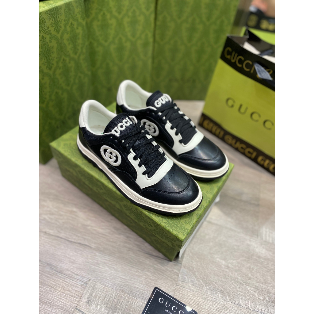 Giày Thể Thao GC MAC80 Trainer In Black White Leather, Giày Gucci Đen Viền Trăng Lai Au Phiên Bản Mới