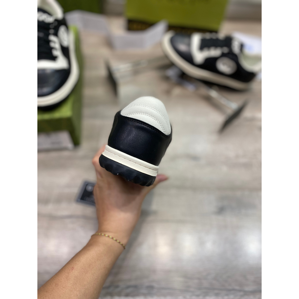 Giày Thể Thao GC MAC80 Trainer In Black White Leather, Giày Gucci Đen Viền Trăng Lai Au Phiên Bản Mới