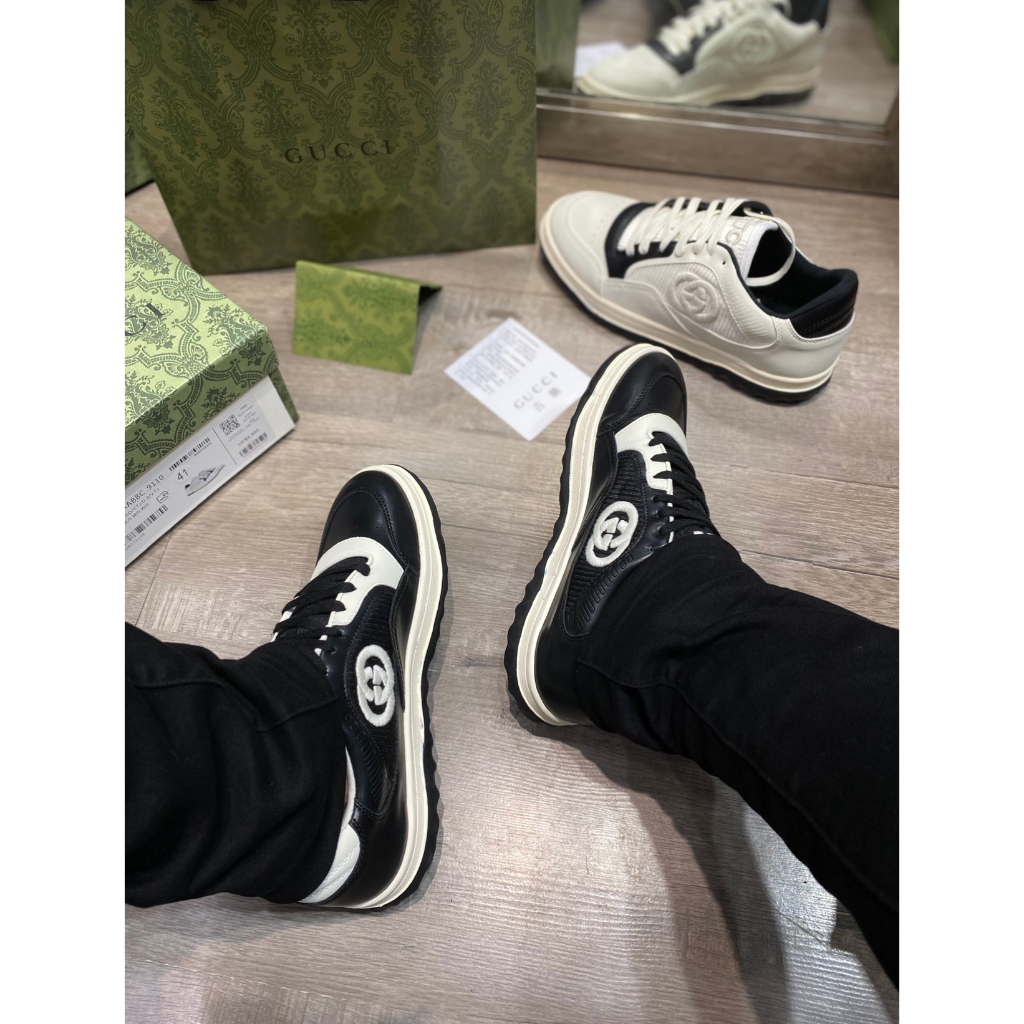 Giày Thể Thao GC MAC80 Trainer In Black White Leather, Giày Gucci Đen Viền Trăng Lai Au Phiên Bản Mới