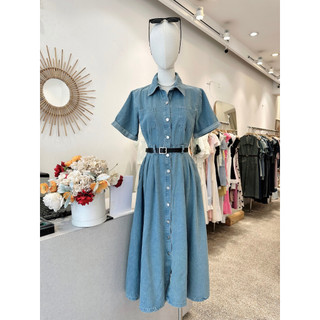 Váy jeans xanh cổ đức tay cộc 2 túi ngực dáng a dài 217