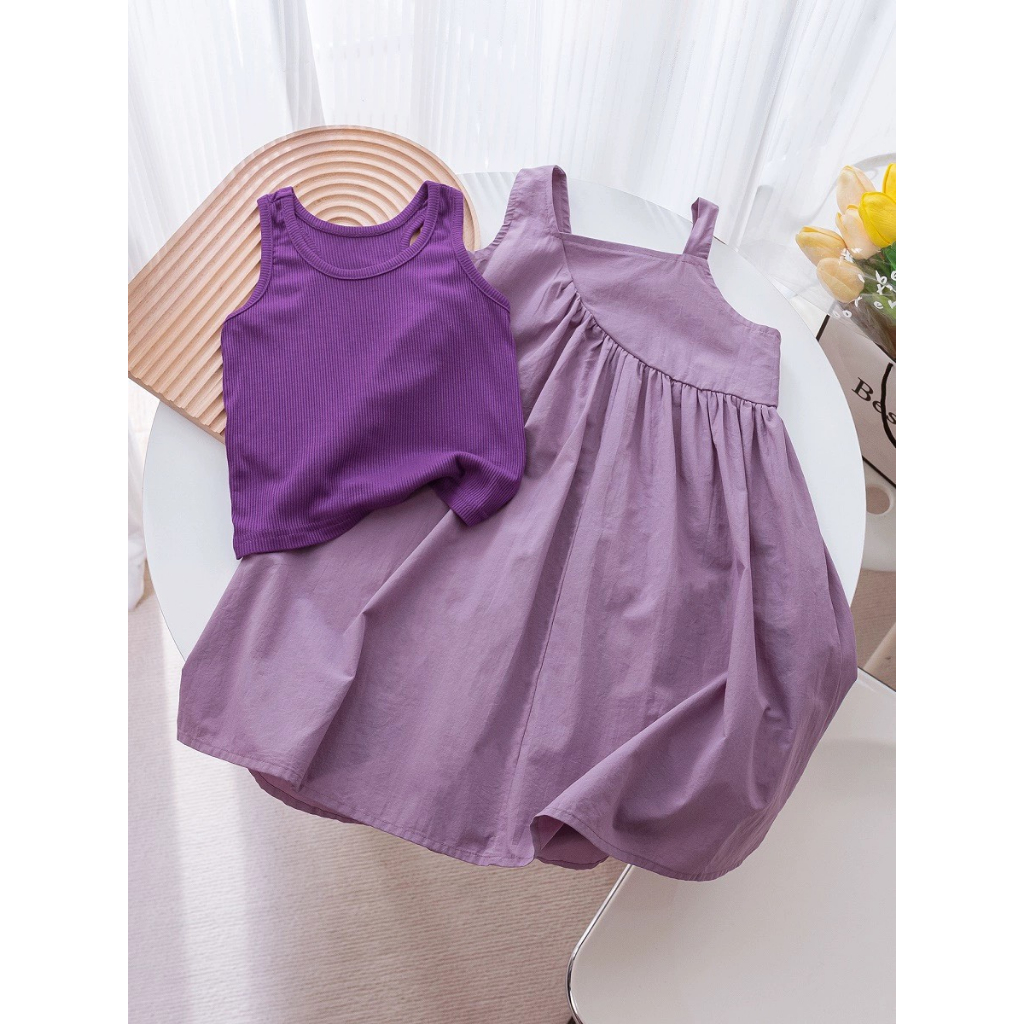 (ORDER) Bộ váy hai dây màu tím xòe dài + Áo thun đáng yêu cho bé gái