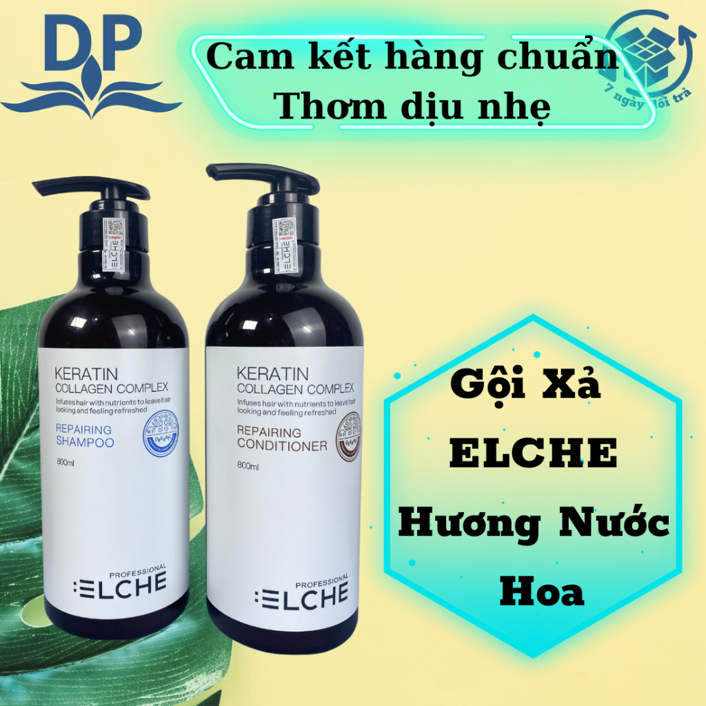 Dầu Gội Xả Keratin Collagen Complex Elche 800ml Siêu Mềm Mượt. Phục Hồi Hư Tổn, Kích Thích Mọc Tóc. Hàng Chính Hãng