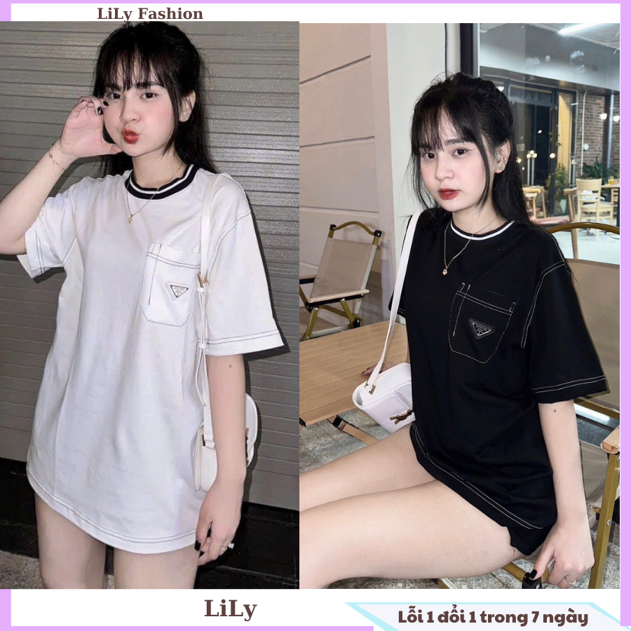 Áo thun cổ tròn nữ có túi và logoc ngực xinh xắn cá tính, áo phông rộng chất cotton 3158 đẹp
