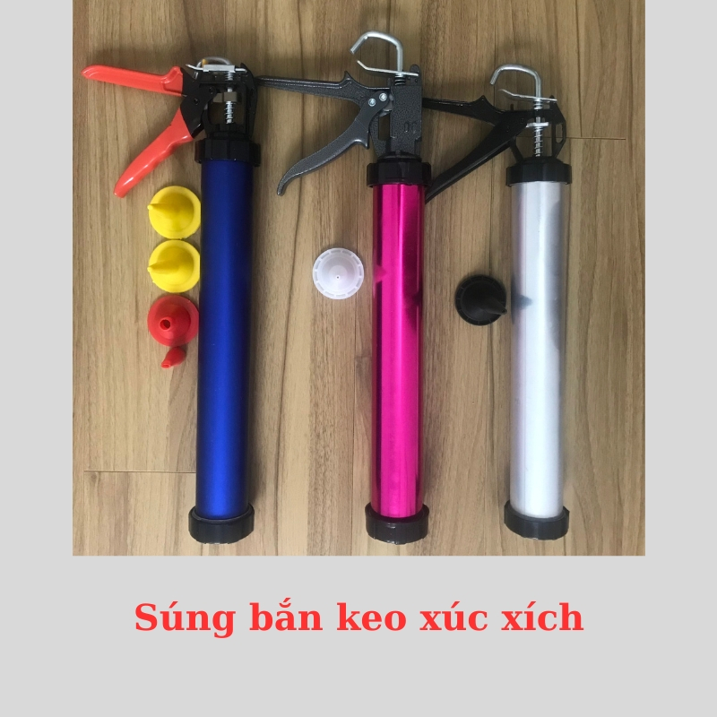 Súng bắn keo xúc xích; súng bắn keo nước dạng túi, bắn được cả keo lọ Apolo, thân bằng hợp kim có tặng kèm đầu vòi