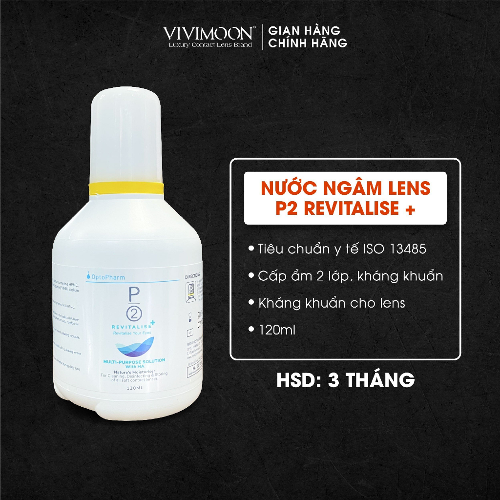 Nước ngâm lens P2 Revitalise+ cấp ẩm 2 lớp cao cấp VIVIMOON 120 ml cho kính áp tròng