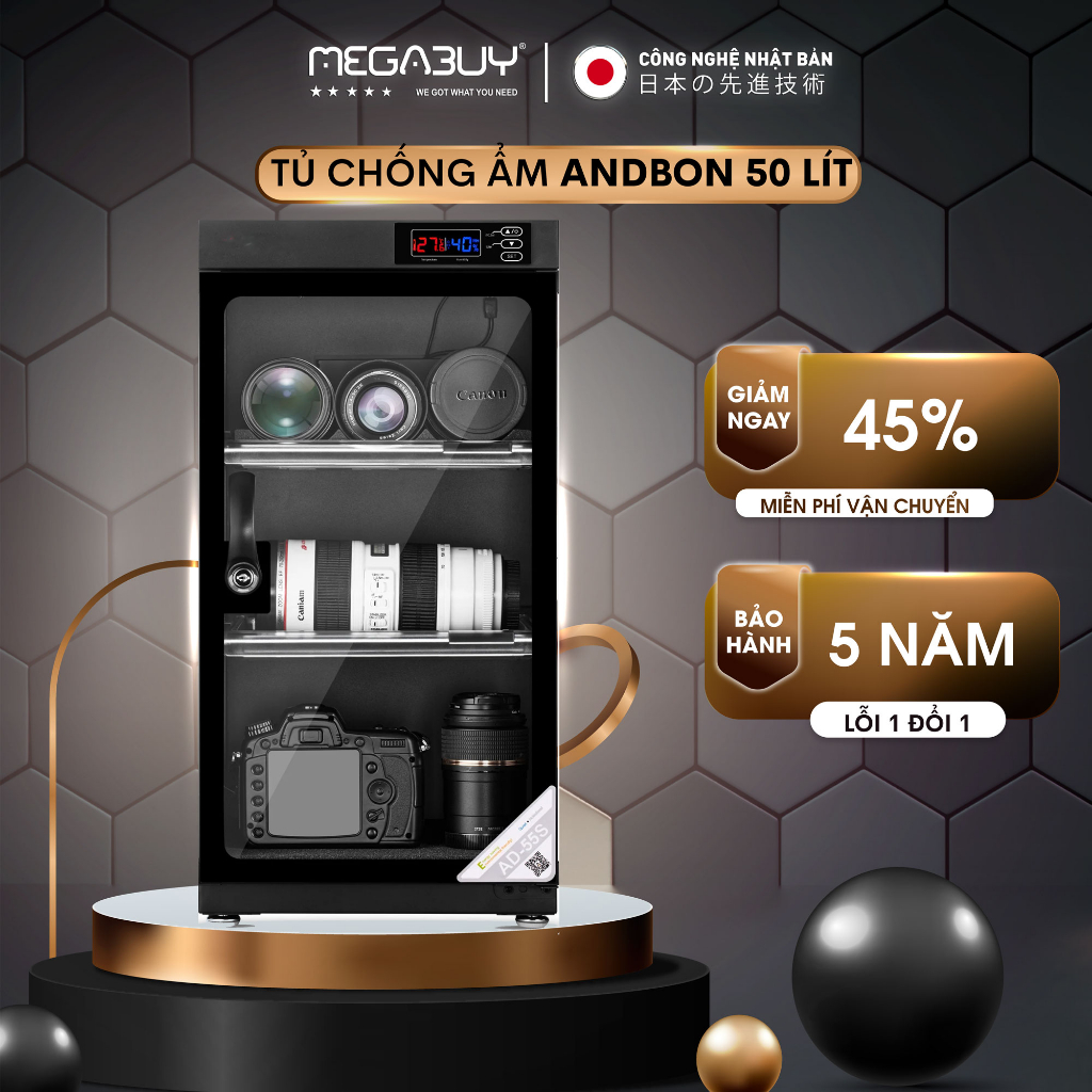 Tủ chống ẩm máy ảnh 50L nhập khẩu Andbon AD-50S, hộp hút ẩm máy ảnh 50l 3 ngăn CN Nhật Bản tiết kiệm điện drybox