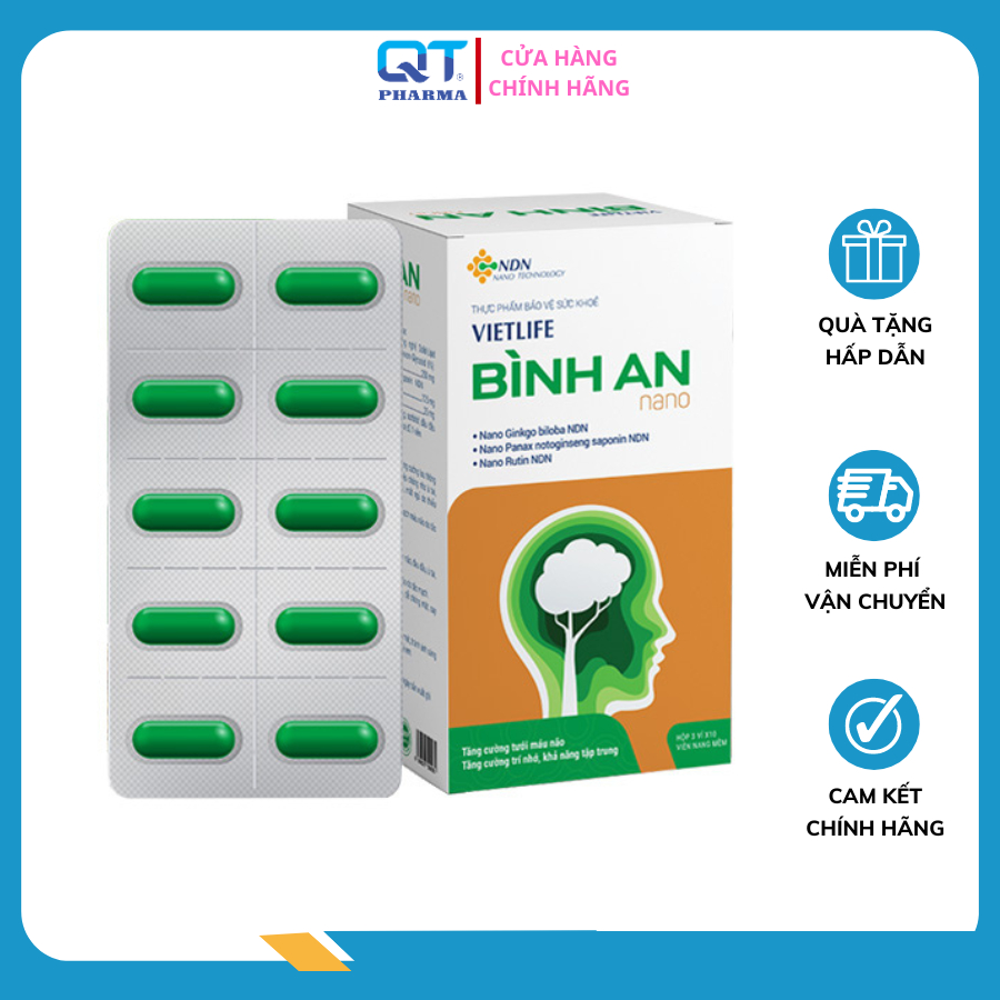 Viên bổ não Vietlife Bình An - Giúp hoạt huyết ,Tăng cường lưu thông máu não ,Hỗ trợ phục hồi sau tai biến Hộp 30 viên