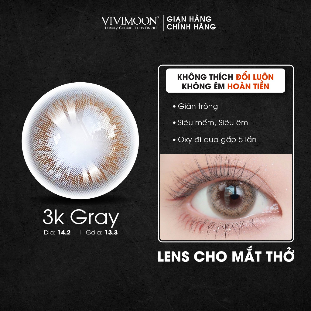 Lens cận xám cho mắt thở 3K Gray Vivimoon