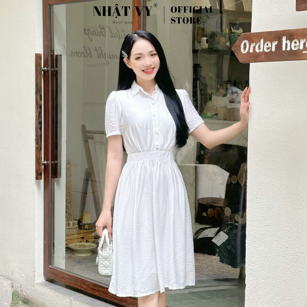 Đầm sơ mi công sở Nhật Vy nhún ngực dáng ôm chất lụa xước phù hợp đi chơi sang chảnh - D2817