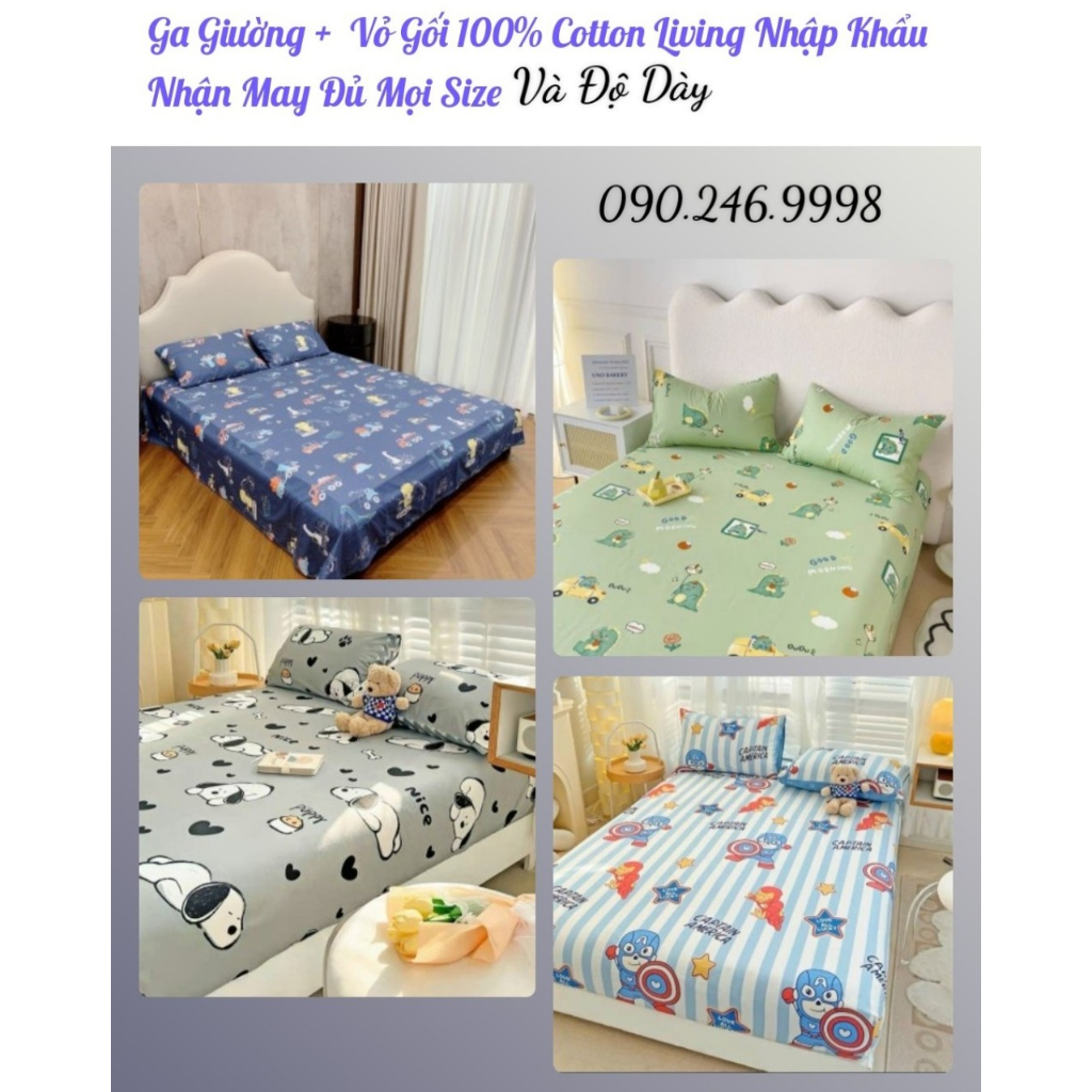 (12 Mẫu) Ga Gối 100% Cotton Living Nhập Khẩu Cao Cấp, Đủ mọi kích thước, kể cả đệm dày (Link 1 con trai)