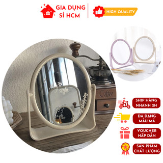 Gương Soi Trang Điểm Hình Bầu Dục, Hình Tròn Để Bàn Lúa Mạch 2 Mặt Gương Xoay 360 Độ 15 x 18 cm