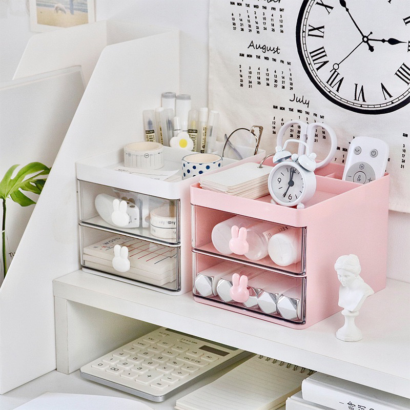 Ống Hộp Nhựa Mini Bút Mini Hình Thỏ 2 Ngăn Kéo Đựng Đồ Dùng Lặt Vặt